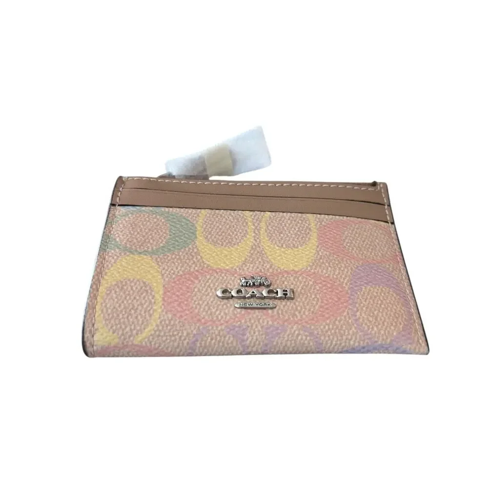 Coach Mini Skinny Id Window Case with key ring In Rainbow Signature Canvas